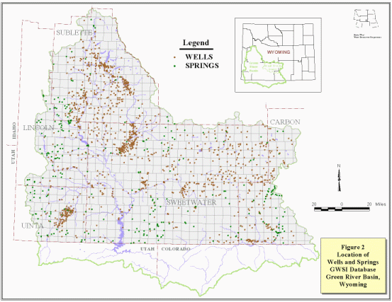 Location of Wells and Springs GWSI 
Database Green River Basin, Wyoming