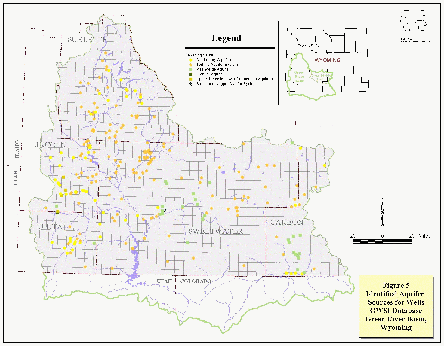 Identified Aquifer Sources for Wells, GWSI Database,
Green River Basin, Wyoming