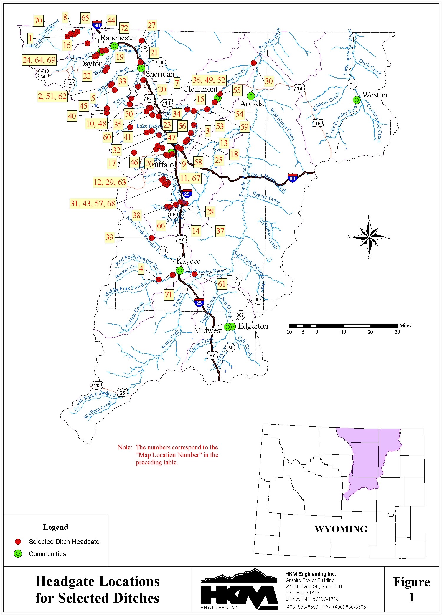 Headgate Locations for Selected Ditches, 
Powder/Tongue River Basin Plan