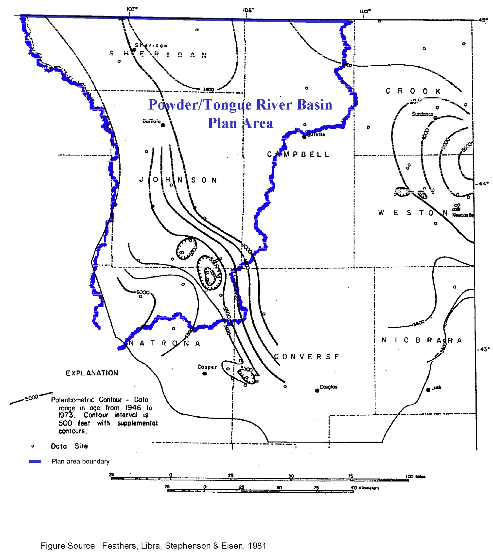 Potentiometric Surface in the Madison Aquifer
(after Swenson and others, 1976