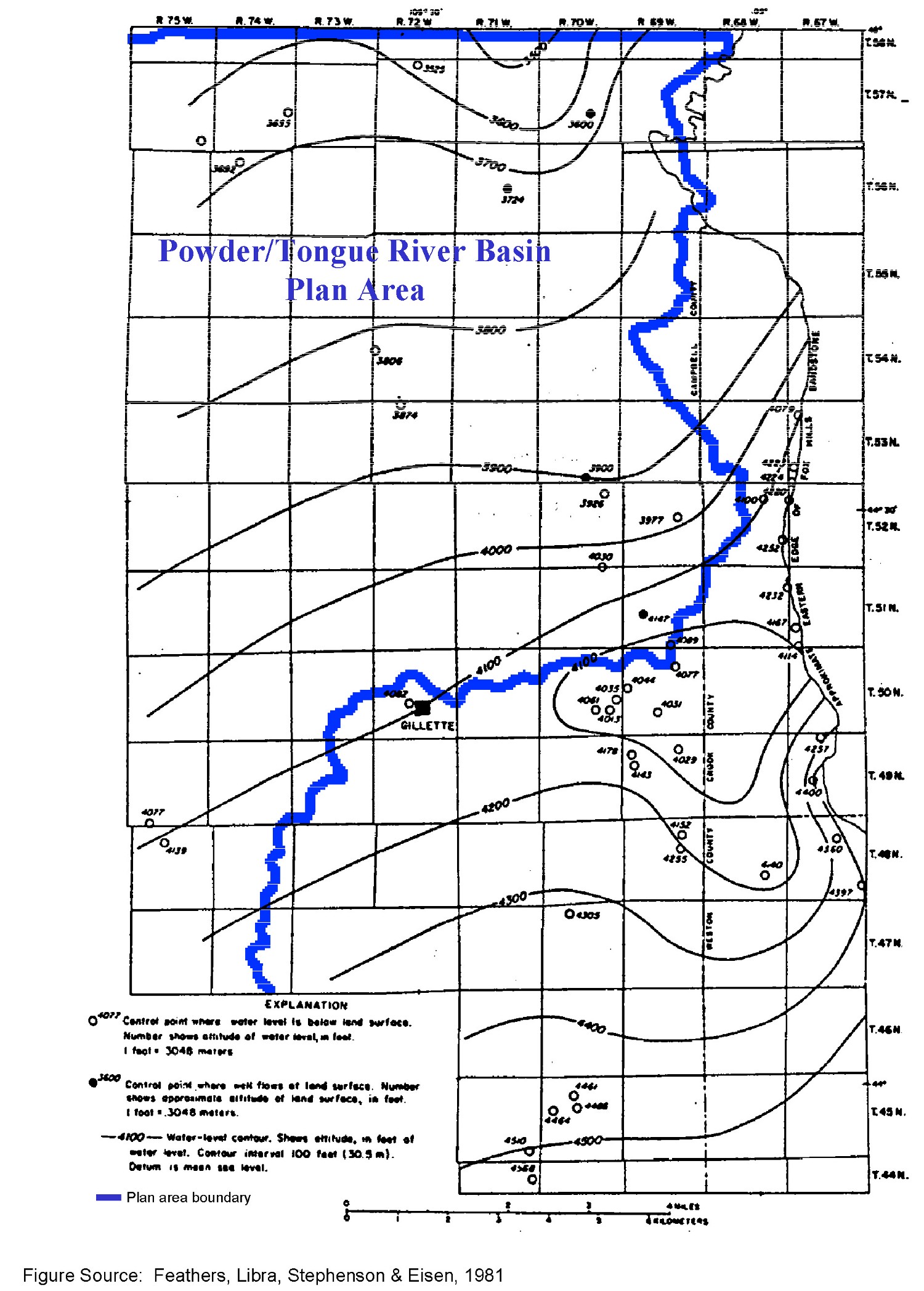 Contours on Water Levels in Wells Finished in the Fox Hills Sandstone, Lance 
Formation, and Lower Part of the Fort Union Formation in the Gillette Area, Wyoming
(from Northern Great Plains Resource Program, 1974).
